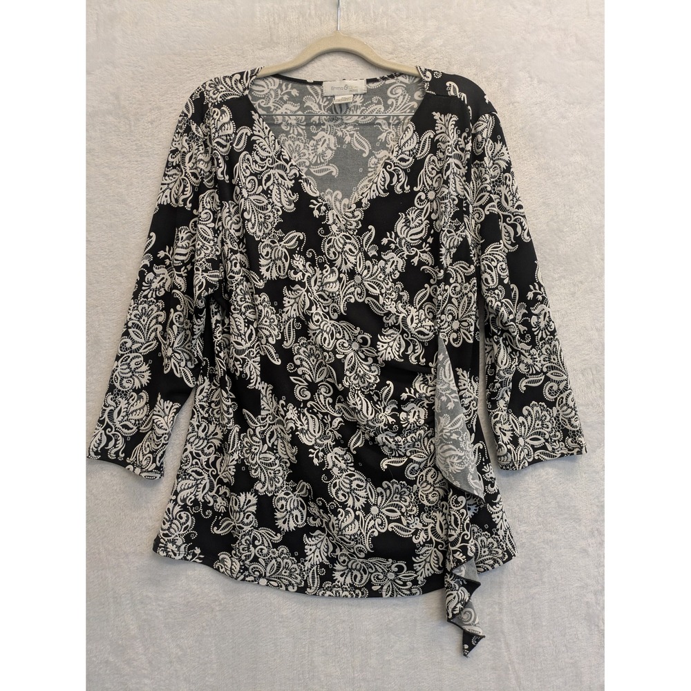 Emma & Olive Petite Wrap‎ Style Blouse Black White Paisley Print PXL